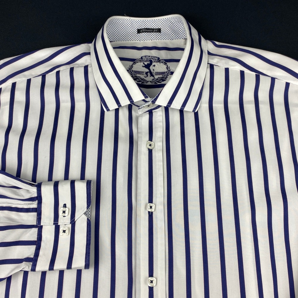 Bugatchi Uomo Mens XXL Striped Long Sleeve Casual Button Down Shirt Navy White